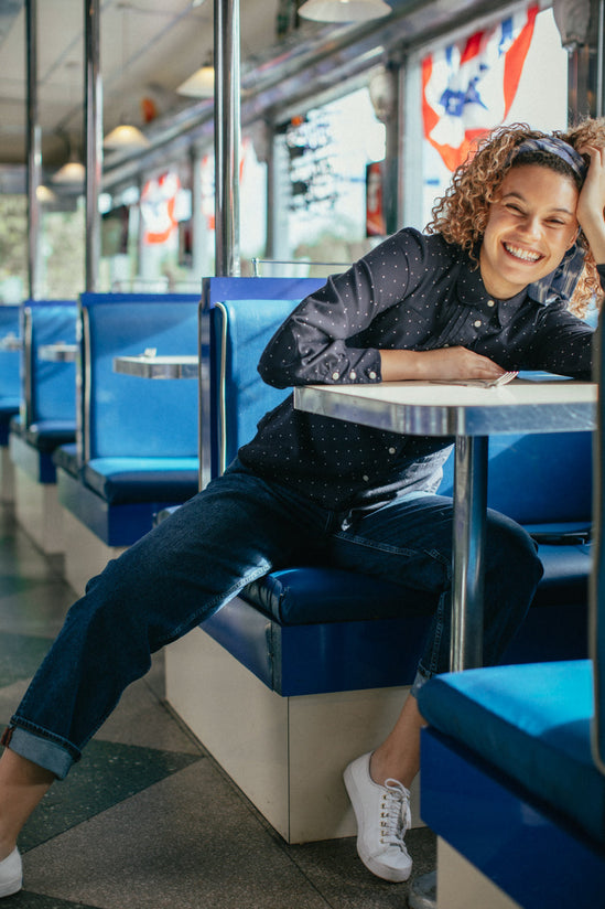 Damsons Western Shirt Navy Polka Dot