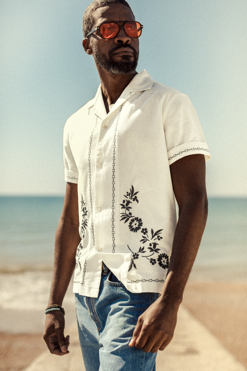 Luca Embroidered Shirt Natural | Mens Cotton-Linen Shirt | &SONS