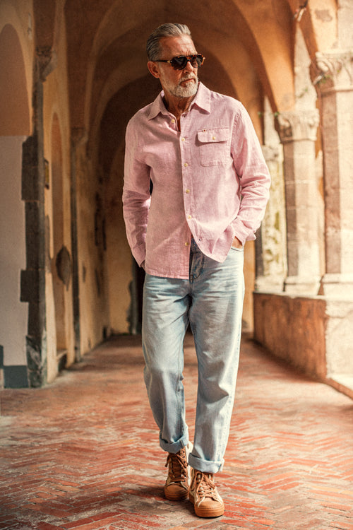 pink linen dress shirt Joseph Turner Linen Grandad Half Placket Shirt