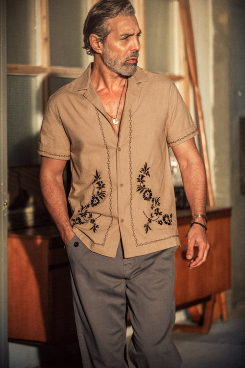 Luca Embroidered Shirt Tan | Mens Linen Blend Shirt