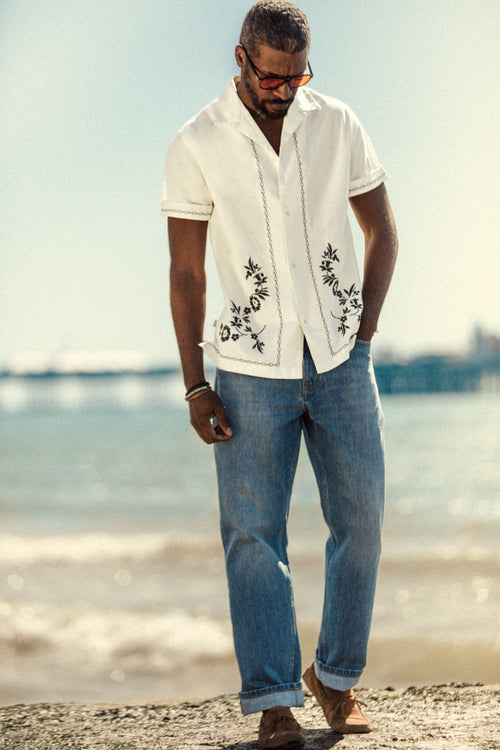 men's embroidered dress shirts Men's 100% Linen Embroidered Dress Shirt Short Sleeve Sello White / XL