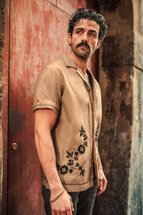 Luca Embroidered Shirt Tan | Mens Linen Blend Shirt