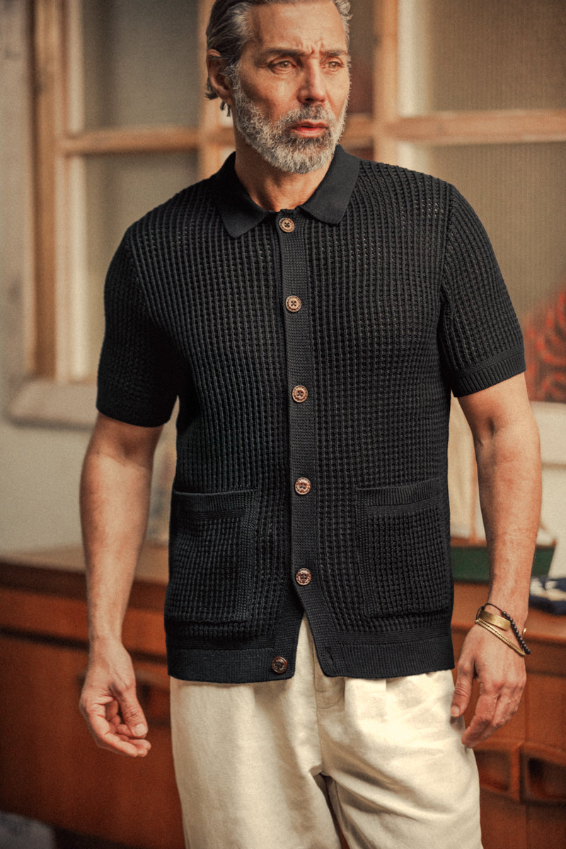 Santo Crochet Shirt Black | Mens Crochet Knit Shirt | &SONS