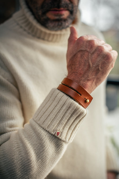 &SONS Leather Double Cuff Bracelet Brown BROWN leather cuff bracelet main image 0