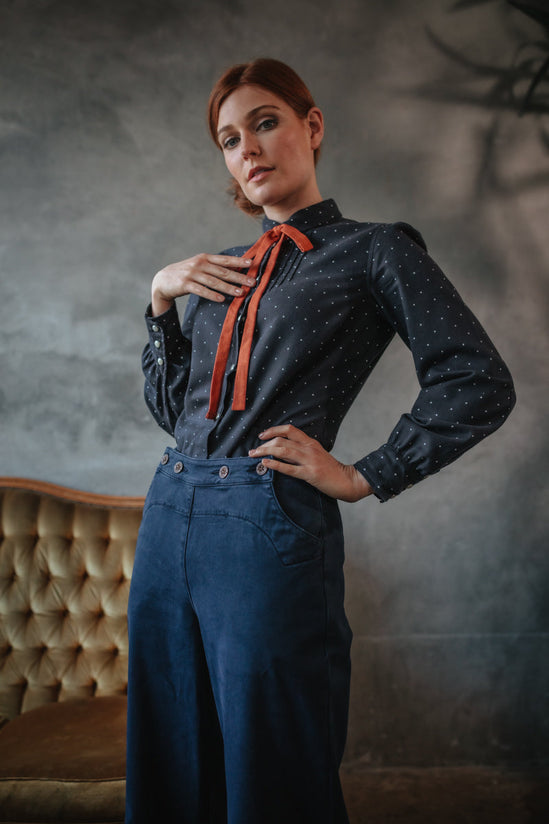 Damsons Western Shirt Navy Polka Dot